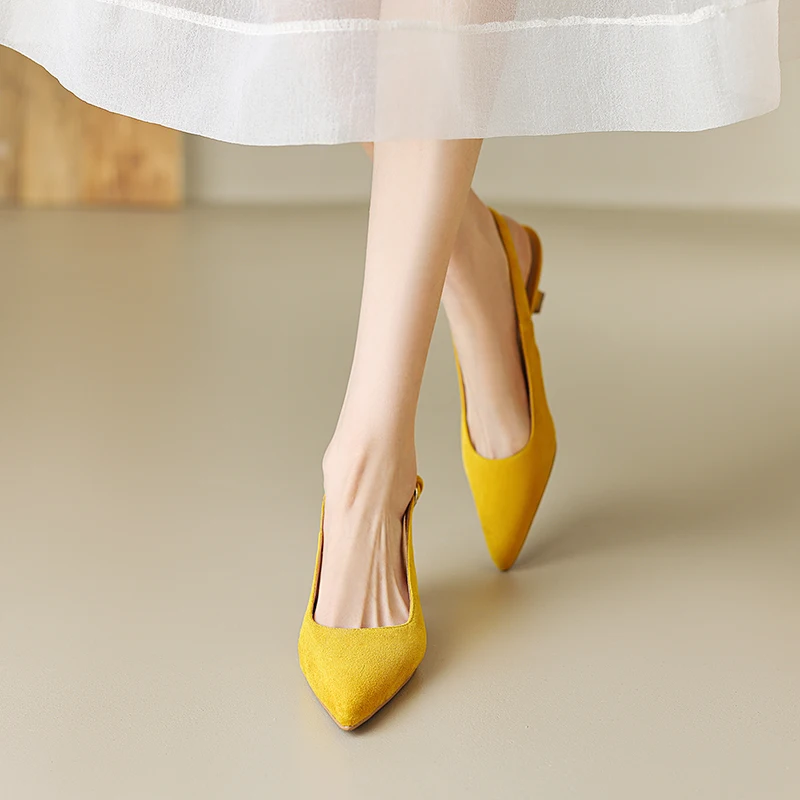 2023 New Split Leather Women's Summer Baotou Sandals Pointed Toe Stiletto Black Yellow Beige Fashion Casual Shoes for women