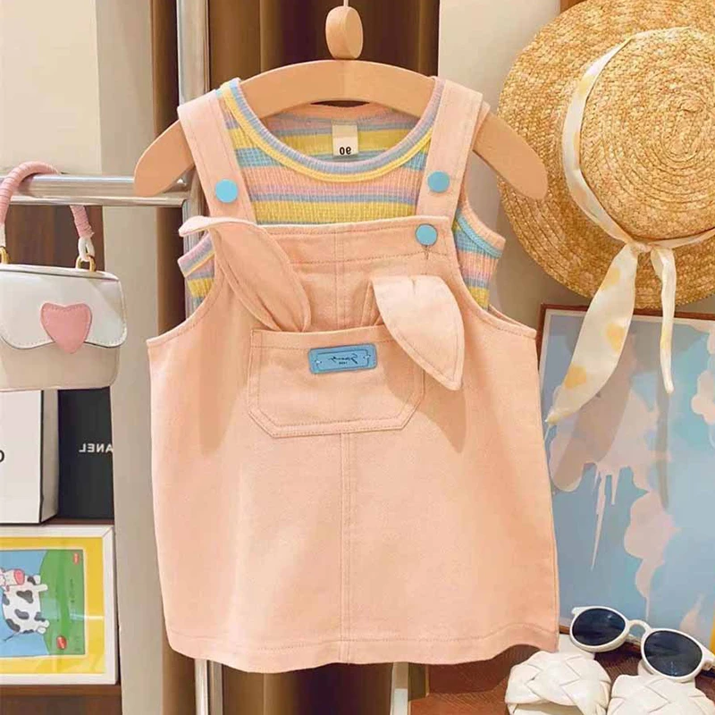

Girls Cute Pink Clothes Set Summer Color Striped Stretch Tank Top Bunny Ear Suspender Dress 2 Piece Suit 3-8Y Children Outfits