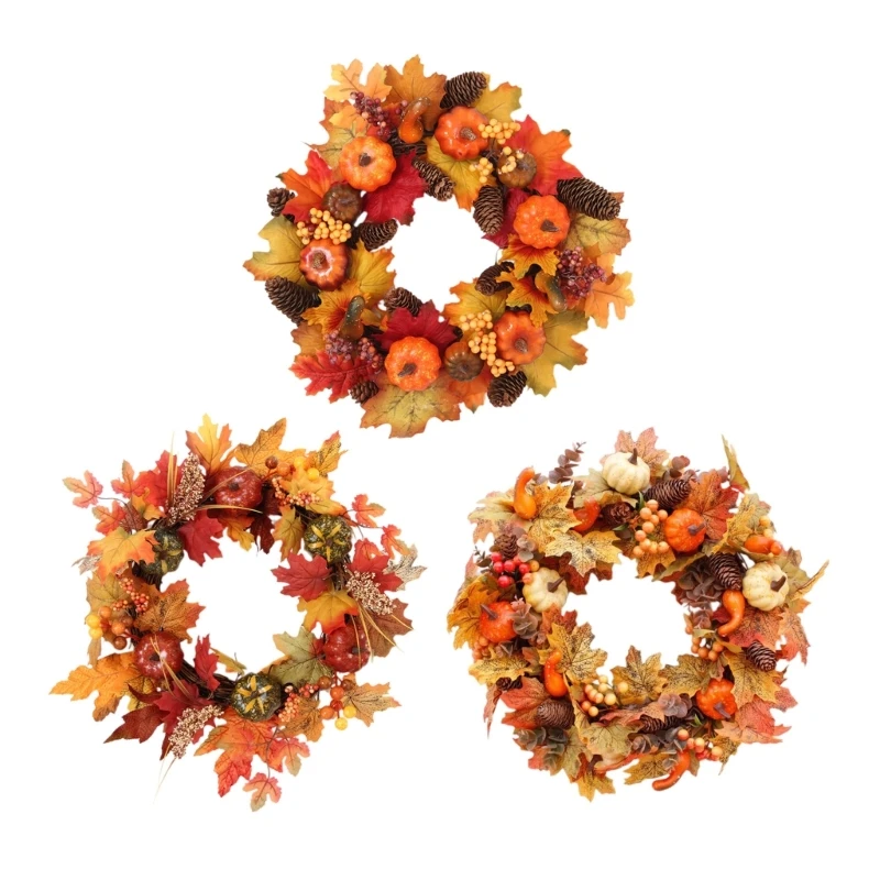 

Festive Christmas Front Door Wreath 40cm Artificial Maple Leaf Wreath Holiday Decor with Pumpkins and Berries Pine Dropship
