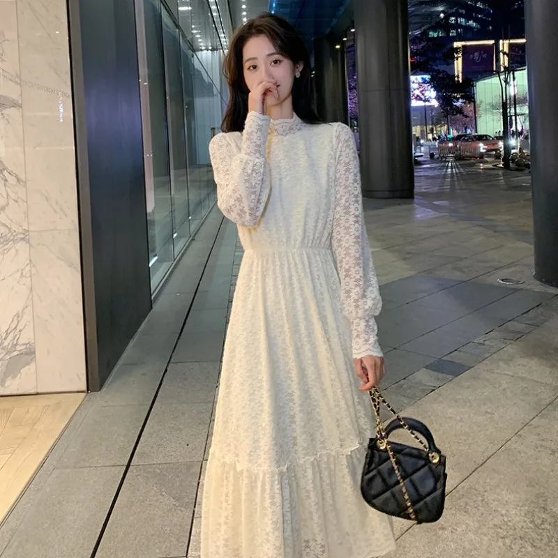 

Французское модное абрикосовое кружевное платье для свиданий, элегантное платье с воротником-стойкой и длинным рукавом, приталенное сказочное платье, ТРАПЕЦИЕВИДНОЕ ПЛАТЬЕ