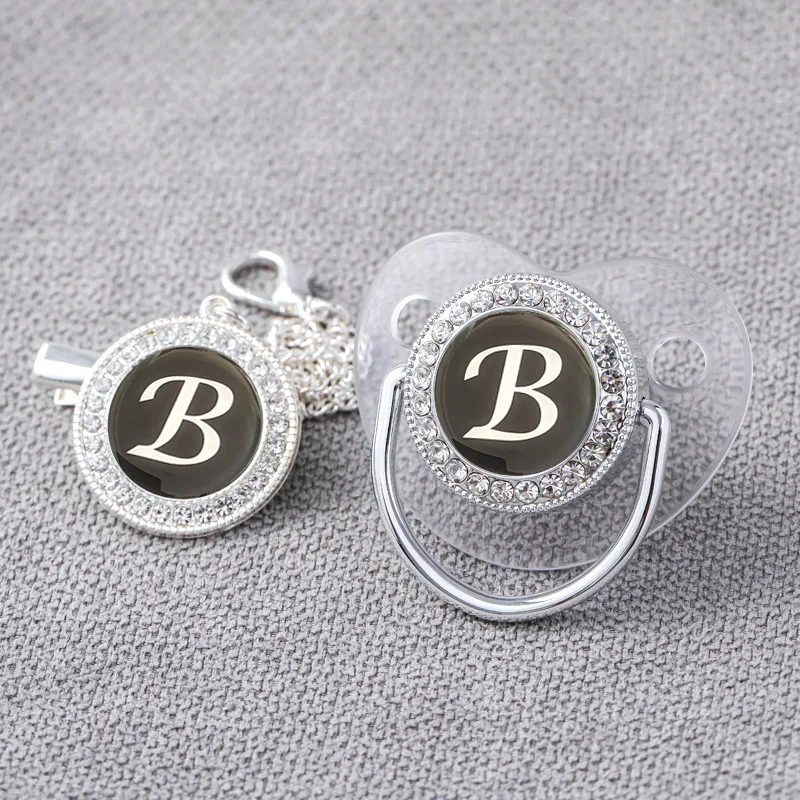 

Transparent Initial Letter Baby Pacifier with Chain Clip Newborn Baby BPA Free Luxury Bling Dummy Soother Chupeta 0-12 Months