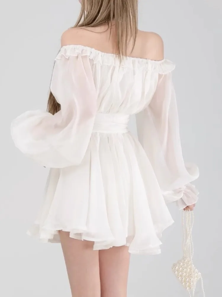 Однотонное короткое платье Y2K с открытыми плечами Сетчатое платье-трапеция