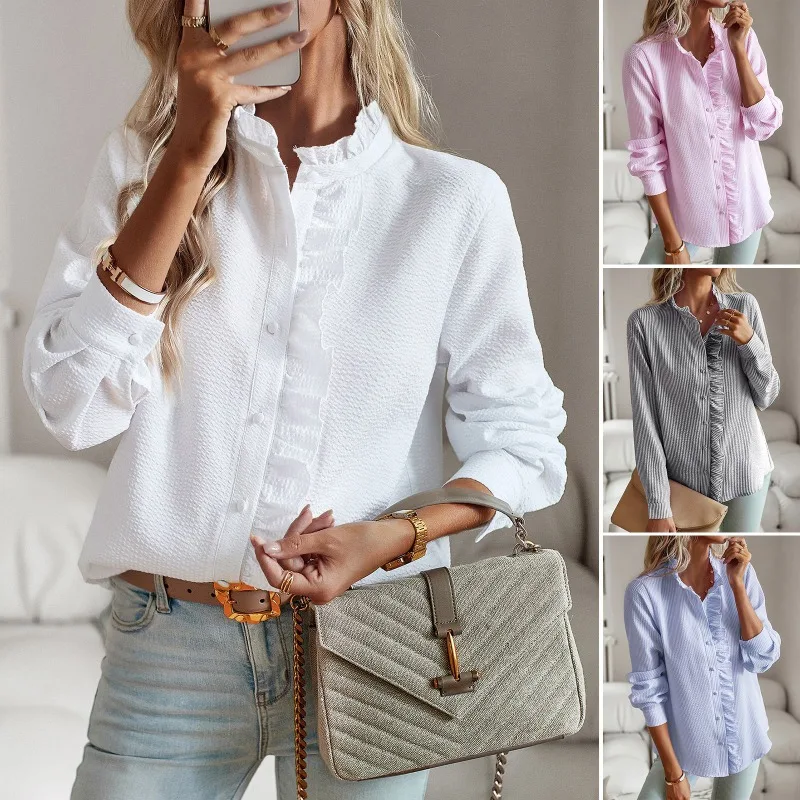

2023 Autumn Women's New Solid Long Sleeved Shirt Temperament Commuter Cardigan Ruffle Edge Shirt Top Female White Shirt Women