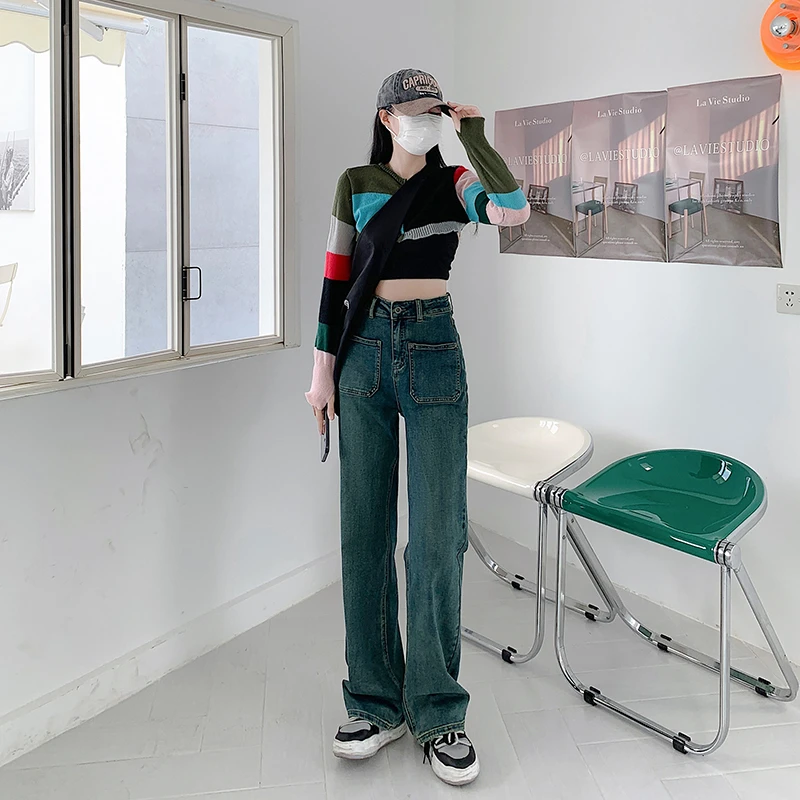Jeans Women All-match Korean Style Mopping Trousers Denim Vintage Blue Solid High Waist Autumn BaggyCowboy Pants Street Casual