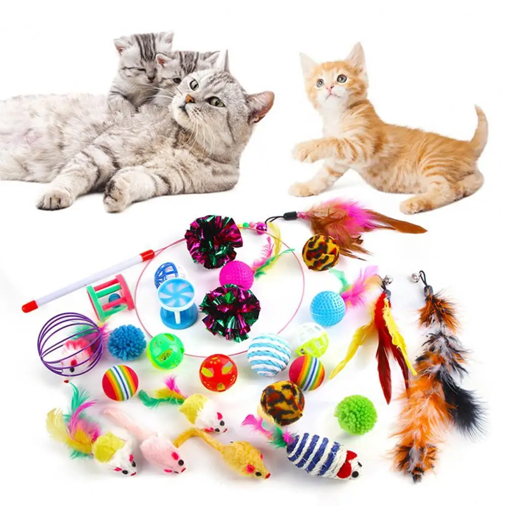 

26Pcs Kitten Toys Relieve Stress Interactive Toy Colorful Cat Stick Sisal Mouse Bell Ball Feather Cat Toys Set