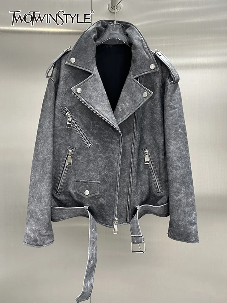 

TWOTWINSTYLE Spliced Zipper Designer Leather Jackets For Women Lapel Long Sleeves Patchwork Belt Chic Jacket Female Fashion 2023