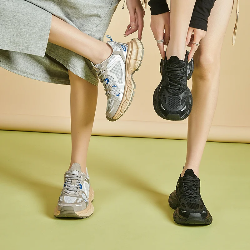 Autuspin Outdoor Casual Sport Shoes Women Spring Summer Sneakers Suede Leather Thick Heels Retro Platform Breathable Shoes Woman