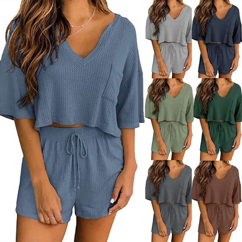 

Solid casual loose V-neck top 2023 Spring/Summer New Women's Shorts Sleeveless Mid Waist Two Piece Set