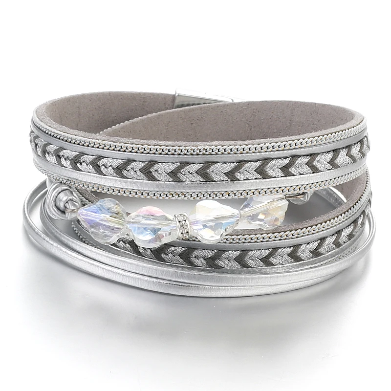 

Amorcome Leather Wrap Bracelet Boho Crystal Bead Bracelet with Magnetic Clasp Cuff Bracelets for Women Jewelry