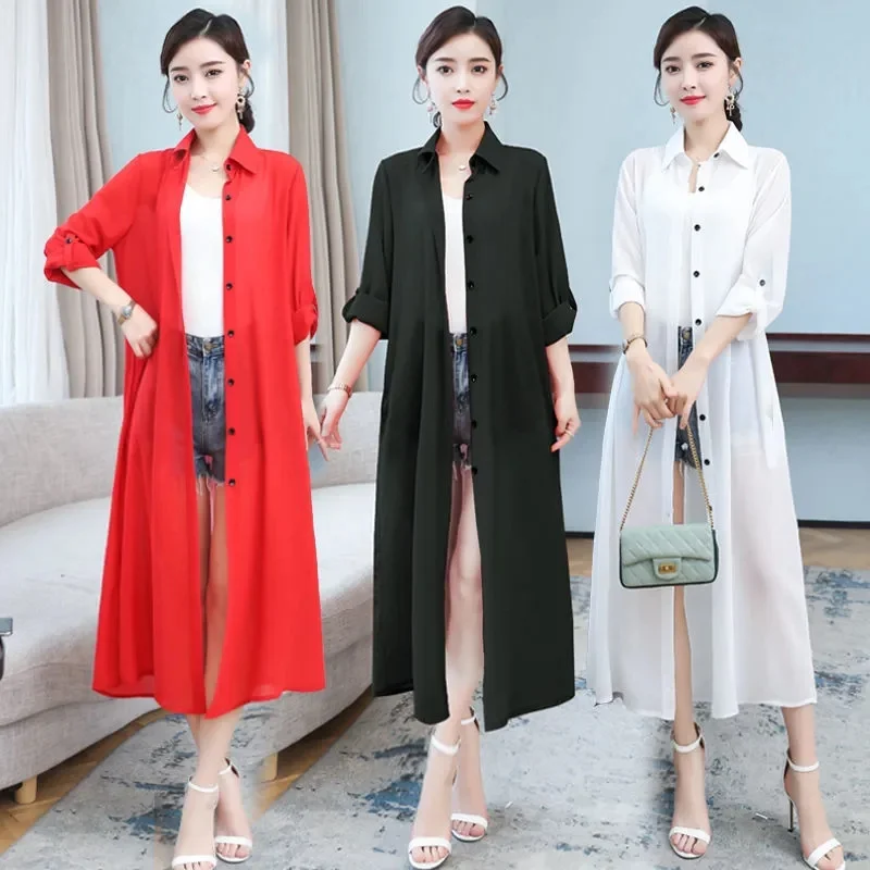 

Women Summer Chiffon Sunscreen Clothing 2023 New Solid Single Breasted Long Shirt Lady Cloak Thin Beach Coat Female Outerwear
