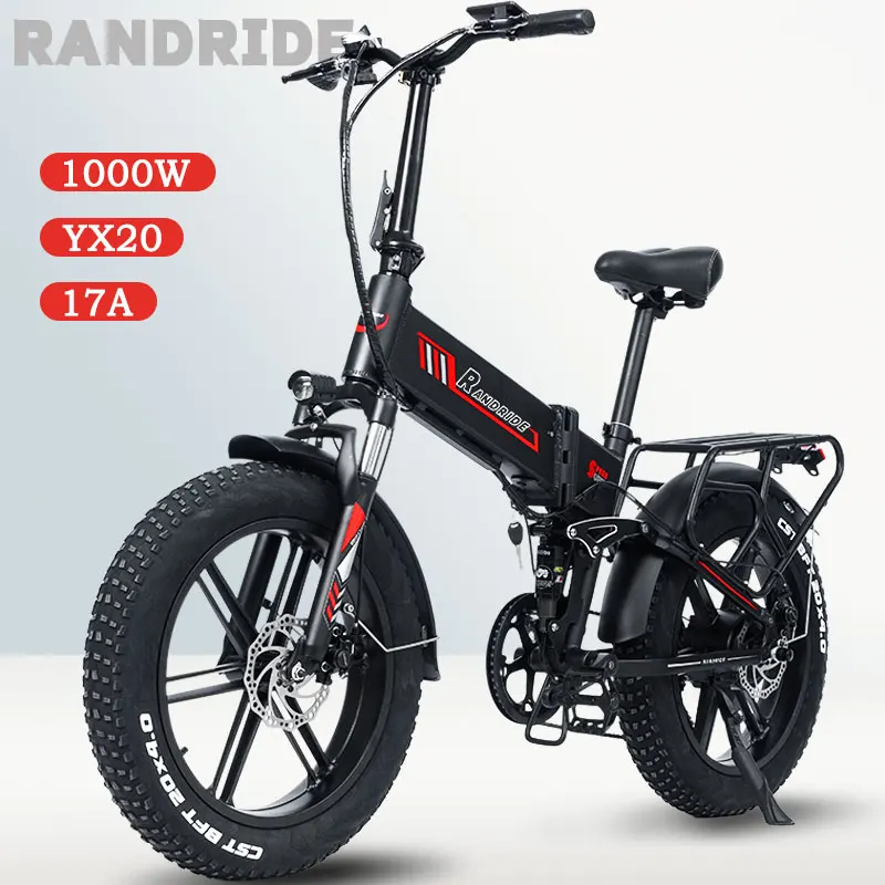 RANDRIDE YX20 Electric bicycle 20*4.0 electric Fat Tire 1000W 17A adult Mountain  bike fold ebike for men or women EBIKE fat tyr