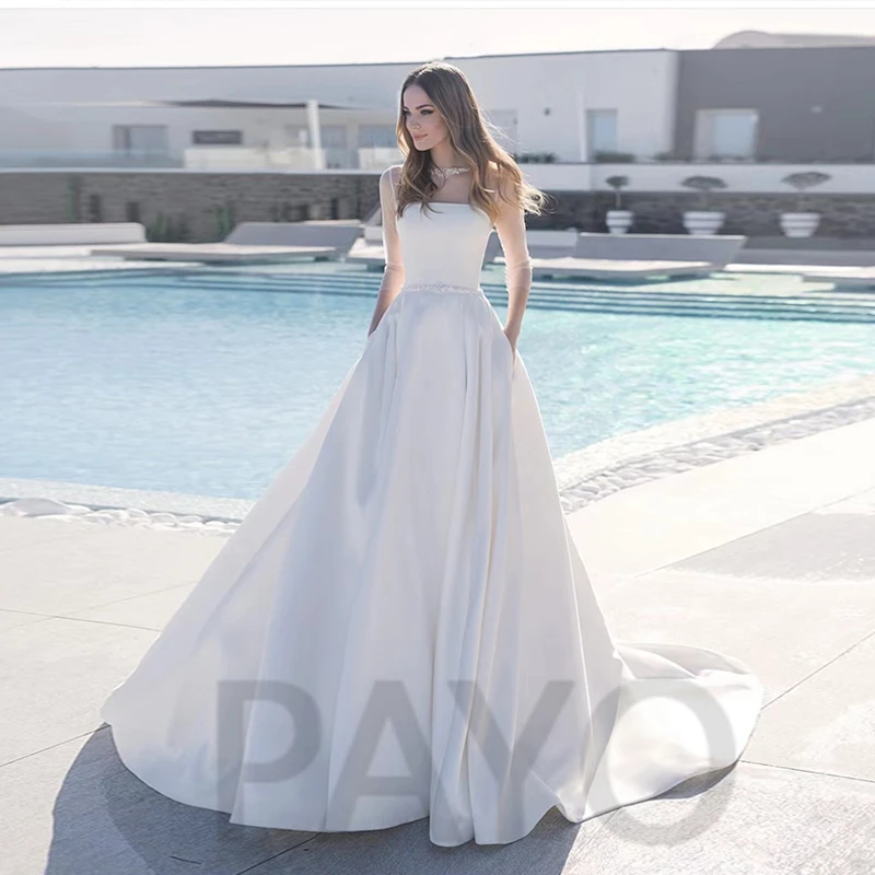 

Elegant Wedding Dress Soft Satin O-Neck Beading Sashes Buttons A-Line Vintage Princess Mopping Vestido De Novia For Women