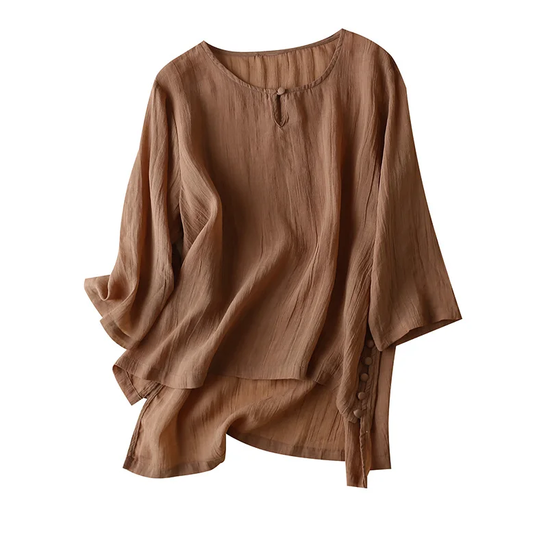 

Thin Summer 2022 See Though Ramie Button O-Neck Casual Loose Womens Tops and Blouses Three Quarter Sleeve