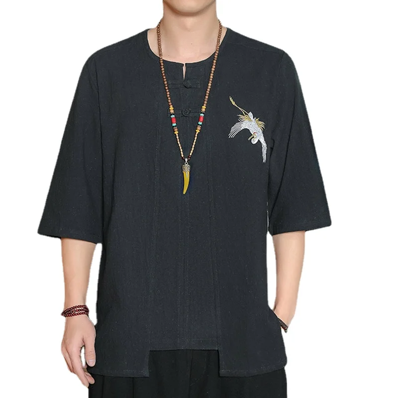 

Футболка мужская хлопково-льняная с коротким рукавом, свободная рубашка с принтом, топ с вышивкой, в китайском стиле, большие размеры