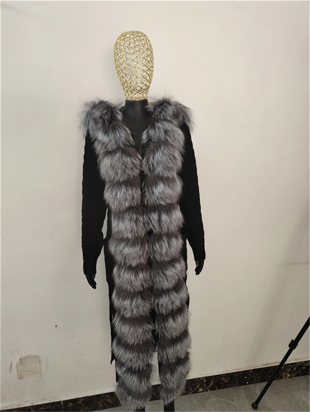 FURYOUME Autumn Winter Women Real Fox Fur Coat X-long Casual Fashion Wool Knitted Sweater Natural Fox Fur Collar Hooded Cardigan