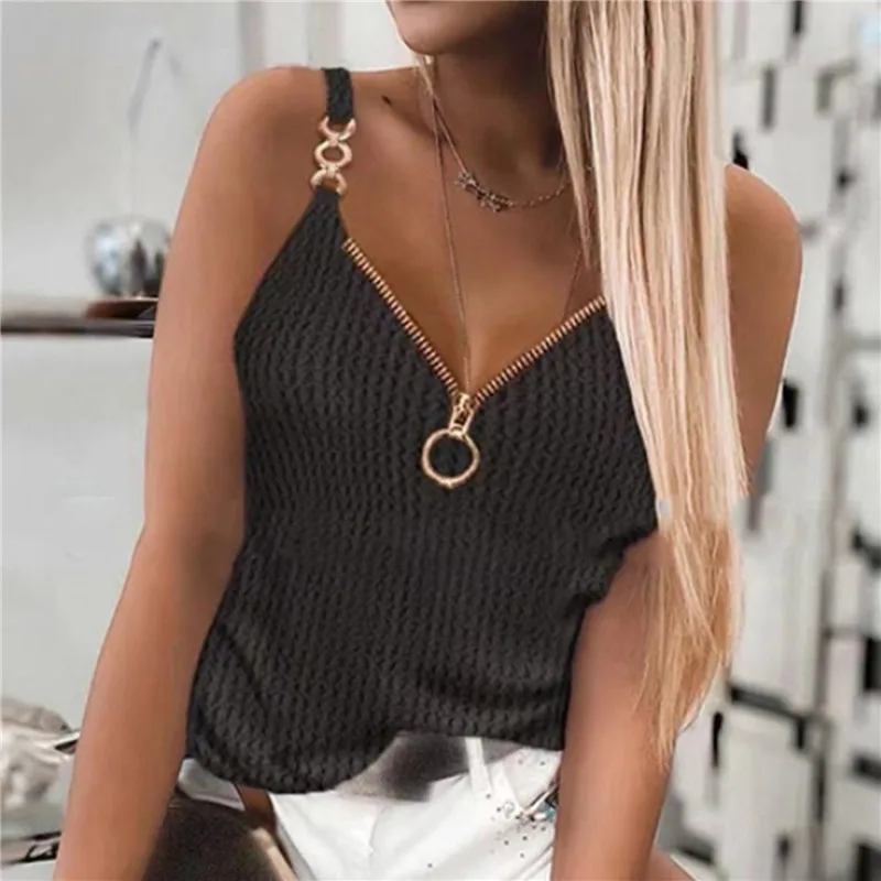 

V-neck Halter Sexy Camisole Top Zipper Up Summer Women Sexy off-Shoulder Solid Sleeveless Camis Women's Clothing Tanks Tops