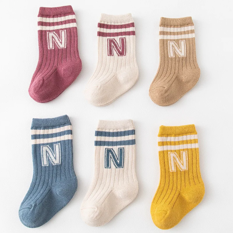 Korean Kids Knit Soft Fashion Letter Socks Baby Middle Tube Stockings Long Socks for Infant Toddler Boys Girls Casual Socks