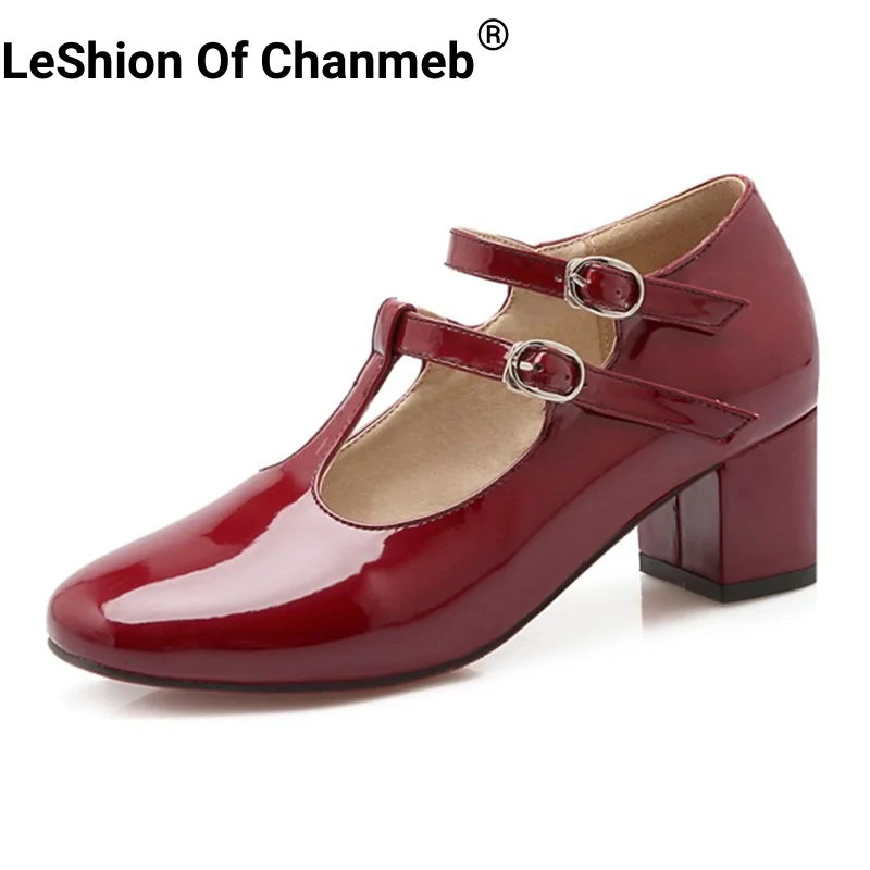 

LeShion Of Chanmeb PU Patent Leather Women Pumps T-strap Double Buckle Mary Jane Shoes Ladies Block Medium Heel Burgundy Size 48