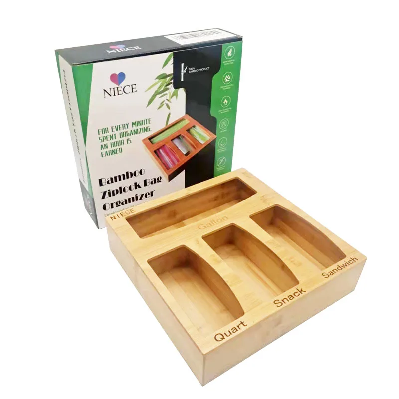 

Hot Ziplock Bag Storage Organizer Bamboo Kitchen Drawer Food Bag Storage Dispenser for Sandwich Gallon Snack and Quart Bag