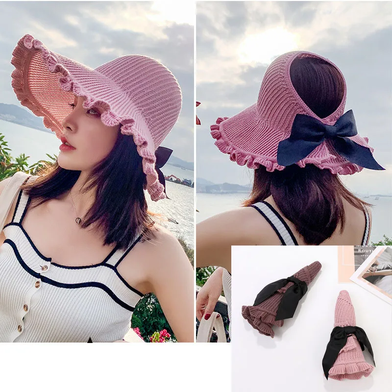 

New Women Summer Visors Hat Foldable Sun Hat Wide Large Brim Empty Roof Knitted Beach Hats Femme Beach UV Protection Cap