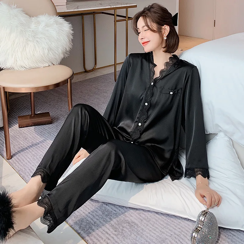 Women's Pajamas Summer Silk Ice Thin Sexy Ins Princess Style Long Sleeve Two-Piece Set Artificial Silk Homewear