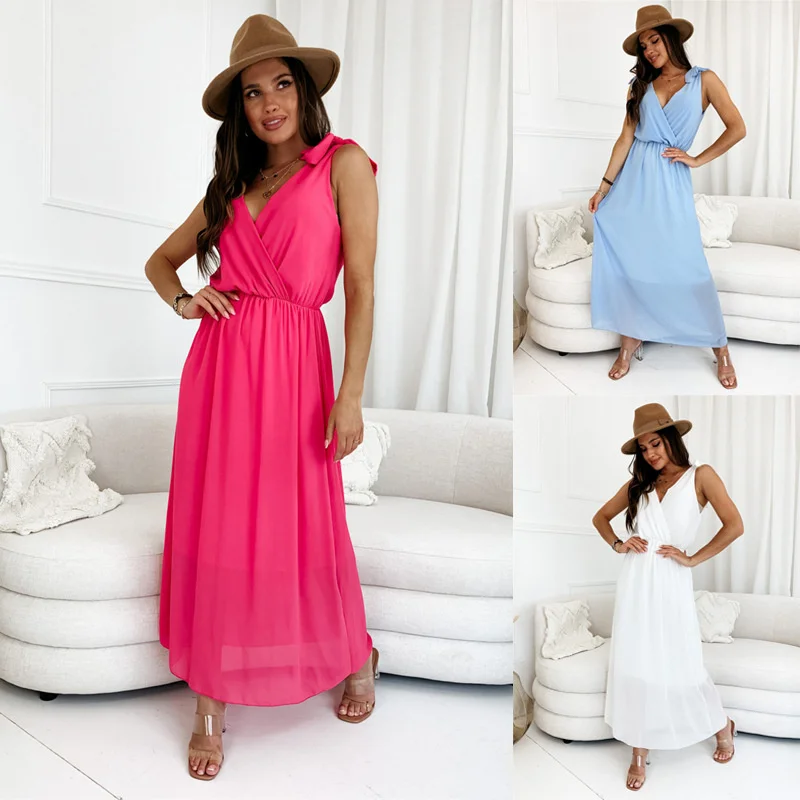 

New Women Solid Color Dress Sexy V-neck Holiday Beach Dress Casual Women Europe And America Dress 3 Colors Drop Shipping
