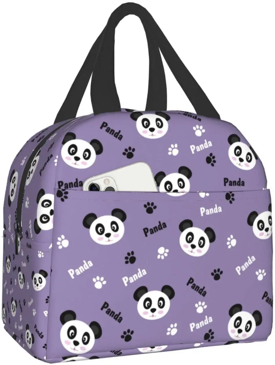 

Kawaii panda and paw prints Lunch Box Bento Box Insulated Lunch Boxes Reusable Waterproof Lunch Bag With Front Pocket For Beach