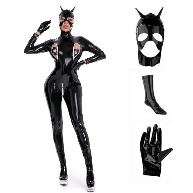 

Womens Exotic Sexy Faux Leather Jumpsuit Wet Look Cat Women Bodysuit Zipper Open Crotch Latex Lady PU Catsuit Exotic Clubwear