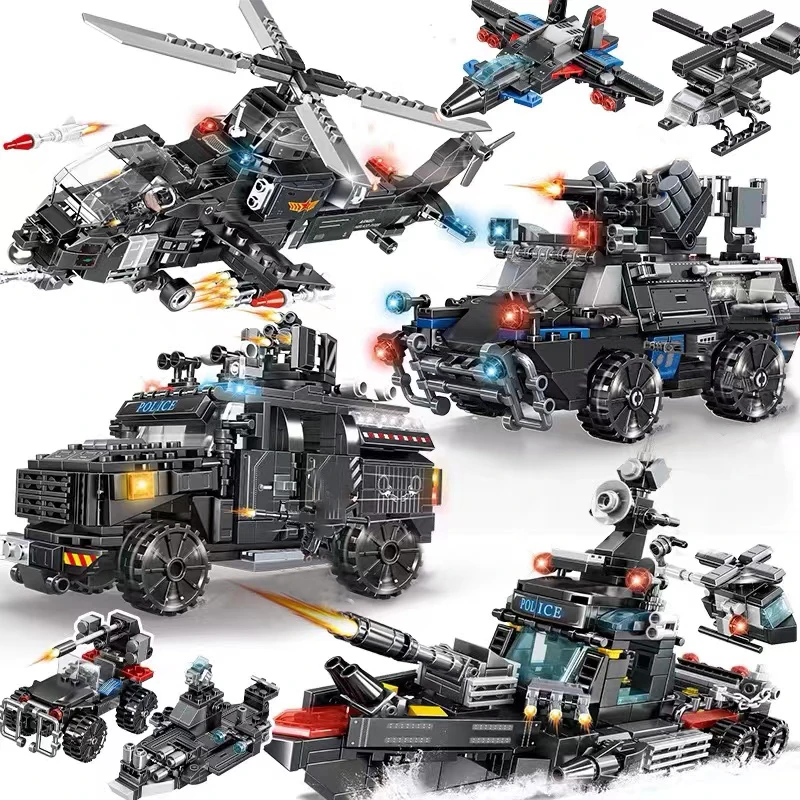 

4 IN 1 SWAT Police Armoured Car Vehicle Model Building Blocks Ideas City Machine Helicopter Battle ship Bricks Toy For Kid Gift