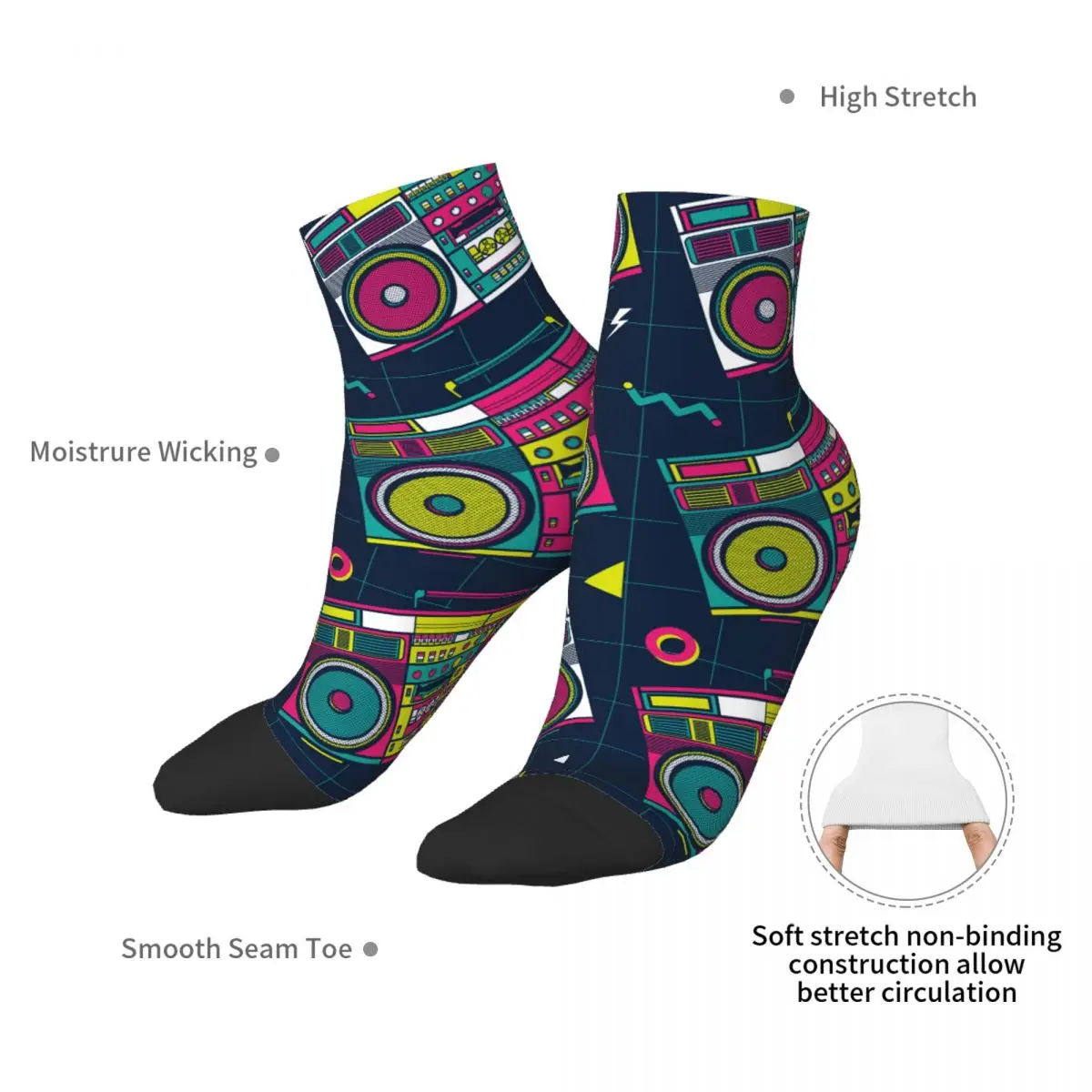 Retro Pop Eighties Boombox Radio 80's Pattern Socks Short Unique Casual Breatheable Adult Ankle Socks images - 6