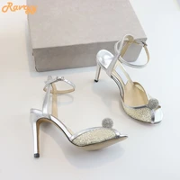 pearl crystal shiny sandals peep toe stiletto heel hollow shoes ankle strap women summer fashion party banquet luxury sandals