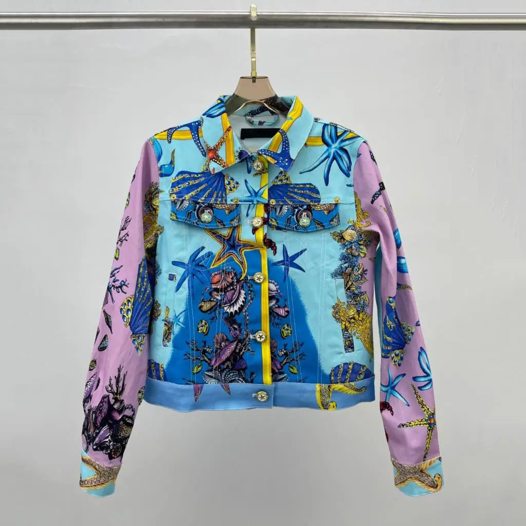 

2022 NEW casual slim long-sleeved single-breasted cropped jacket, early autumn starfish shell print pattern women's denim jacket