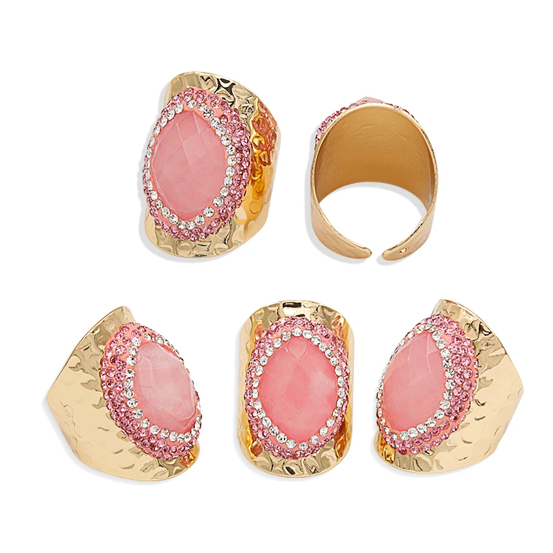 Faceted Rose Quartz Open Ring for Women Girls Gold-color Handmade Micro Inlay Pink Rhinestone Party Wedding Gifts Jewelry