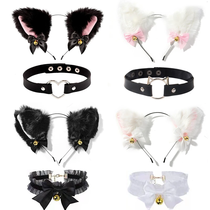 1set Cat Ears Bow Headband Necklace Cosplay Rabbit Ear Plush Bell Hairband Women Girl Masquerade Party Headwear Hair Accessories