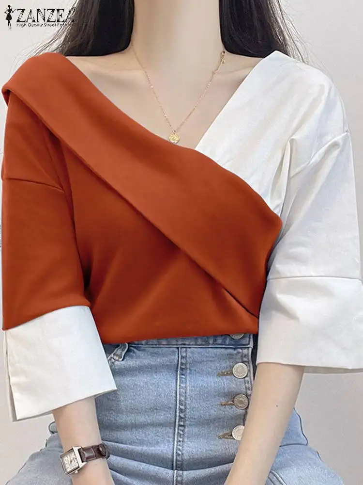 

Женские шикарные рубашки ZANZEA с V-образным вырезом, Модные Цветные блузки в Корейском стиле, Летняя туника с коротким рукавом, повседневные ж...