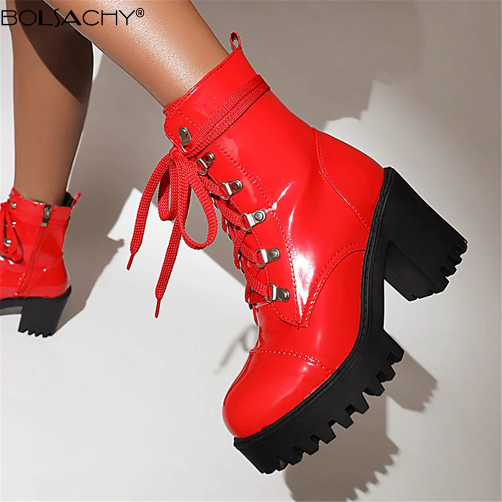 Lace Up Sexy Winter Fashion Women Platform Boats Mujer Punk High Heels Black Yellow Red White Ankle Boots Autumn Rubber Shoes
