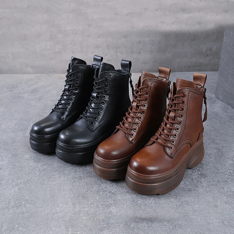2023 autumn and winter new leather thick soled waterproof platform ankle boots heightening heels Martin boots back zipper