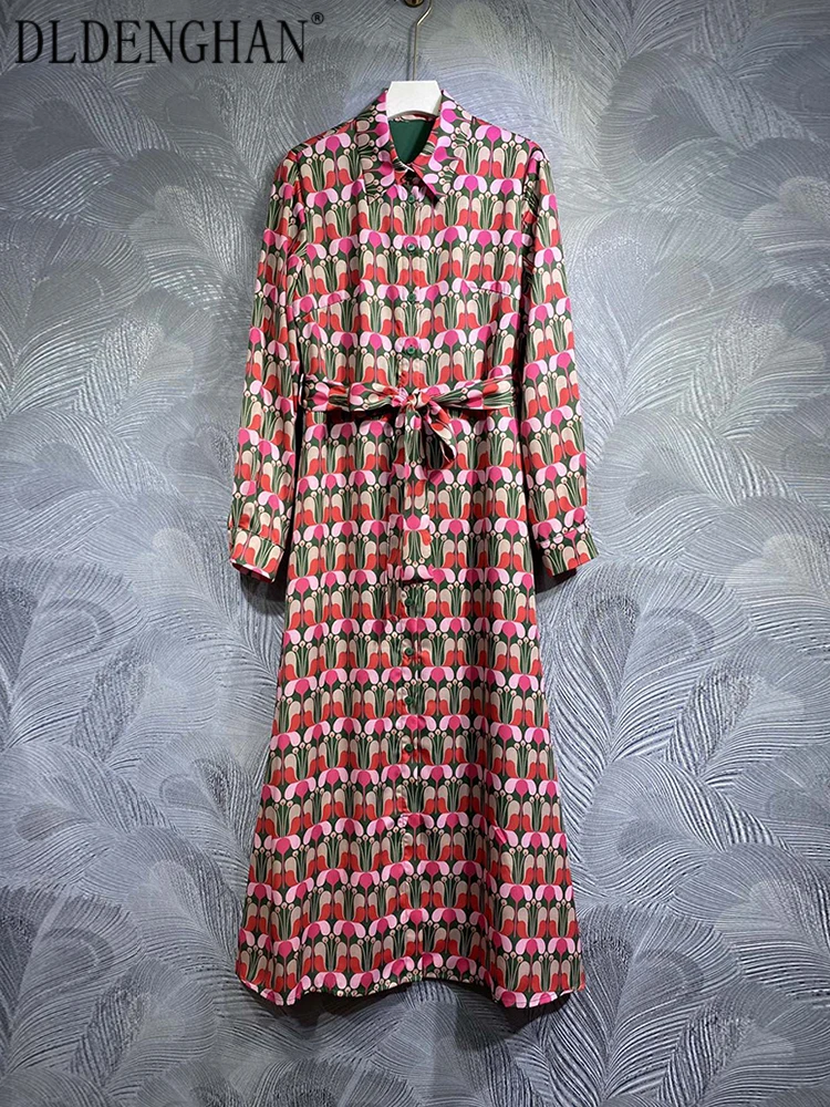 

Длинное платье DLDENGHAN на раннюю осень, женские однобортные винтажные платья с рукавами-фонариками, поясом и цветочным принтом, модные дизайнерские новые