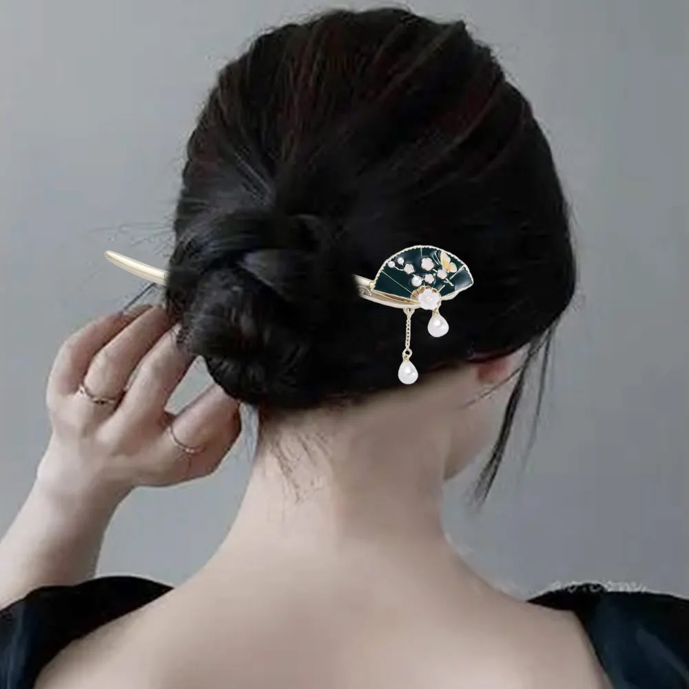 

Chinese Style Metal Hair Sticks Exquisite Sweet Imitation Pearls Dripping Oil Fan Tassels Hairpin Fairy Simple Hair Accessories