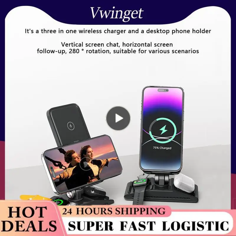 

Portable Folding Wireless Charger Three-in-one Desktop Phone Stand 280 ° Rotation Abs Fast Charging Bracket Multifunctional F2