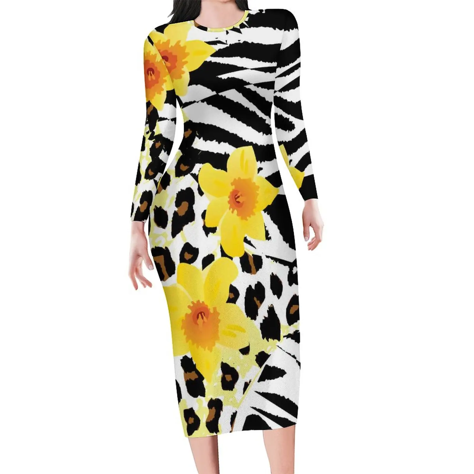 

Черное облегающее платье с леопардовым принтом, женские стильные платья с цветочным принтом, праздничное платье с длинным рукавом и эстетическим узором, 3XL, 4XL, 5XL