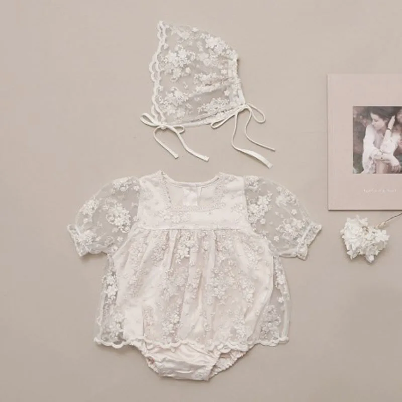 

New Born Baby Girl Clothes Toddler Lace Embroider Princess Romper Infant Mesh Short Sleeve Jumpsuit Thin Kid One-piece With Hats