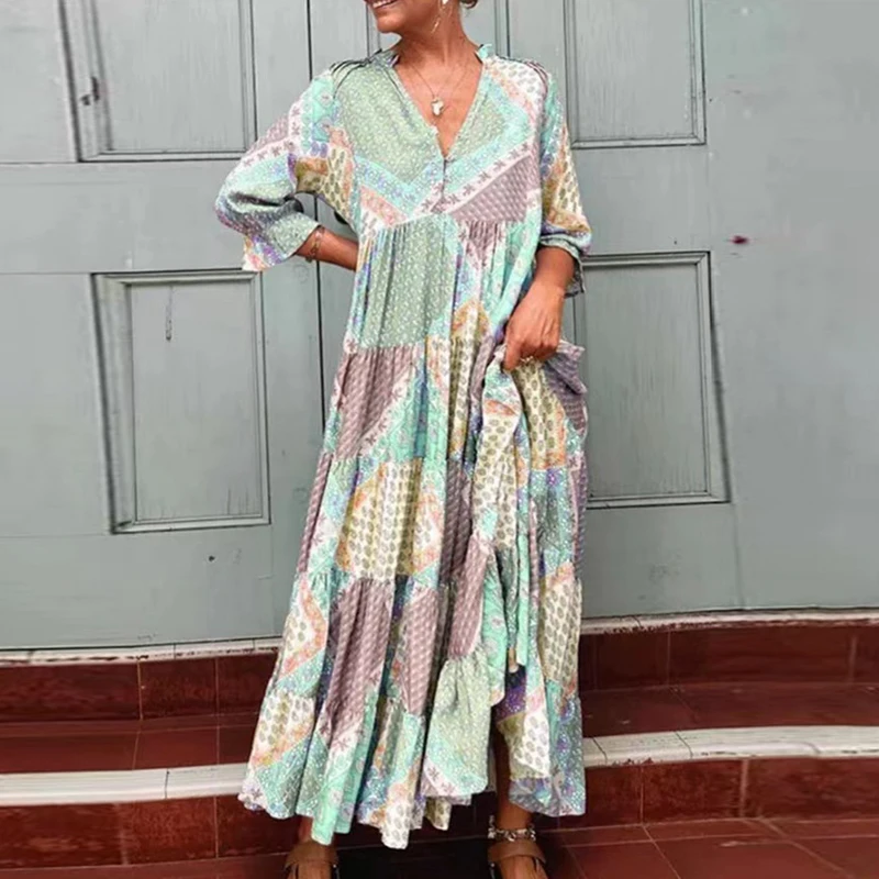 

Платье женское Плиссированное длинное в стиле Харадзюку, винтажное пляжное свободное, повседневное модное, с принтом блоков, с рукавом до локтя, на лето-осень