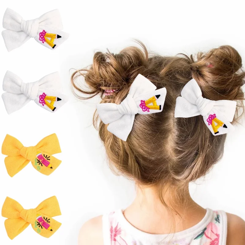 

4" 2Pcs BACK TO SCHOOL Embroidery Hair Bows Clip Solid Pencil Cotton Hair Clips Bowknot Hair Barrettes Girls Hair Accessories