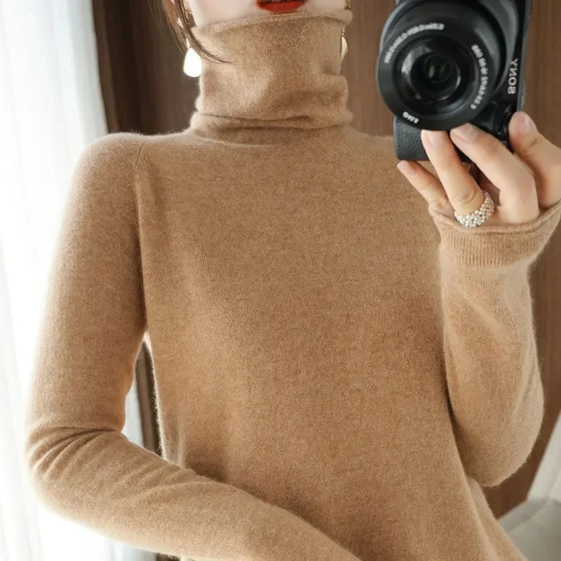 

Women Sweater Winter Cashmere Turtleneck Warm Knitwear Korean Casual Sid Bottoming Shirt Fashion Knit overs Brown Sweater
