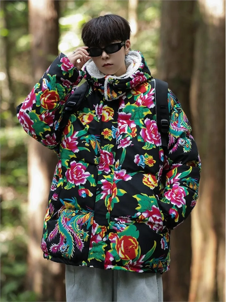 

RDMQ 2023 CN Northeast Big Flower Jacket Cotton-padded Couple Thickened Cotton-padded Jacket Unisex Fashion Hooded Coats