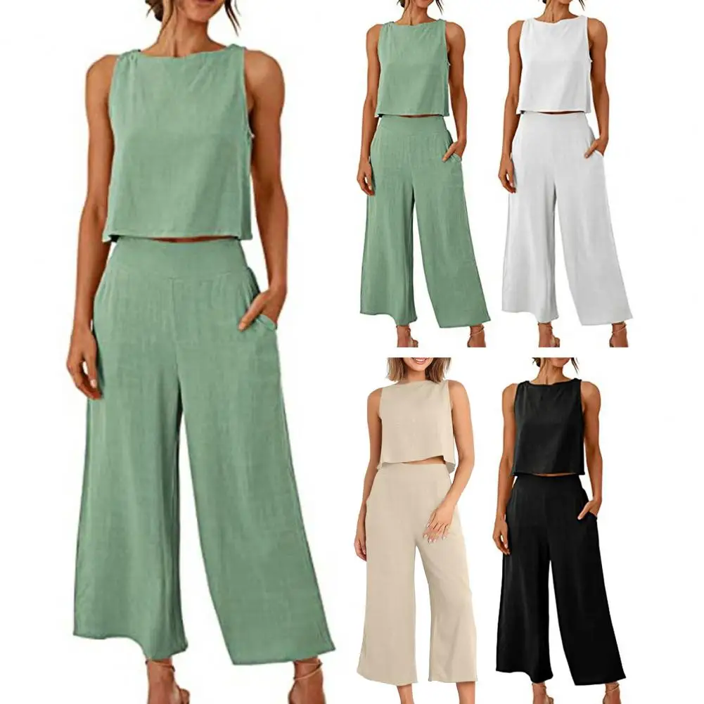 

2Pcs/Set Women O-neck Sleeveless Cropped Tops High Waist Wide Leg Long Pants Sets Loose Casual Outfit conjuntos de pantalones