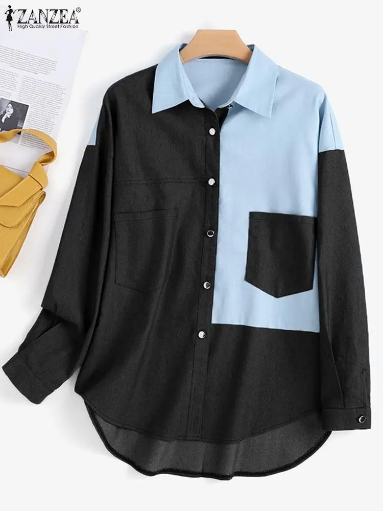 

2022 ZANZEA Women Denim Blue Long Sleeve Tops Tunic Casual Shirt Patchwork Loose Blouse Tops Oversized Solid Blusas Femininas
