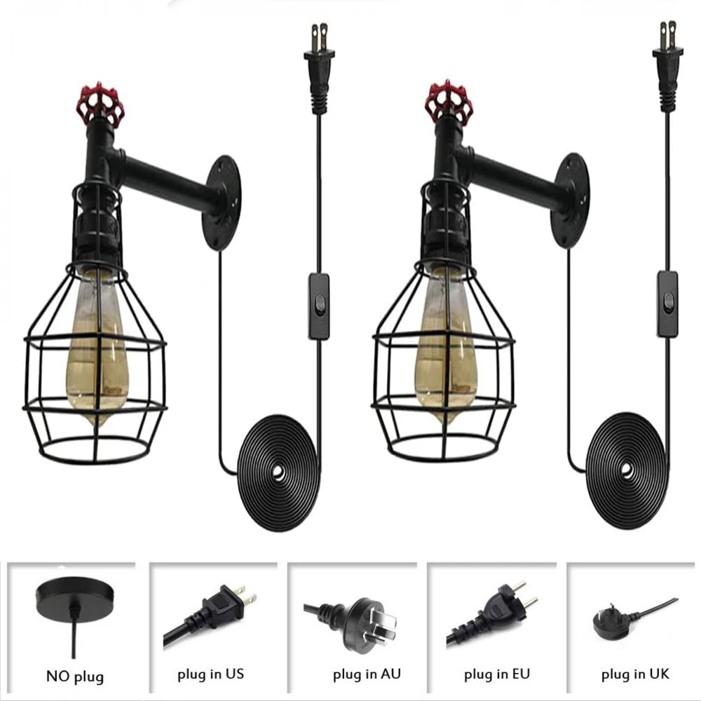 

2 Pack Industrial Edison Wire Cage Wall Lamp Retro Black Plug In Wall Sconces Simplicity Metal Wall Light Fixtures