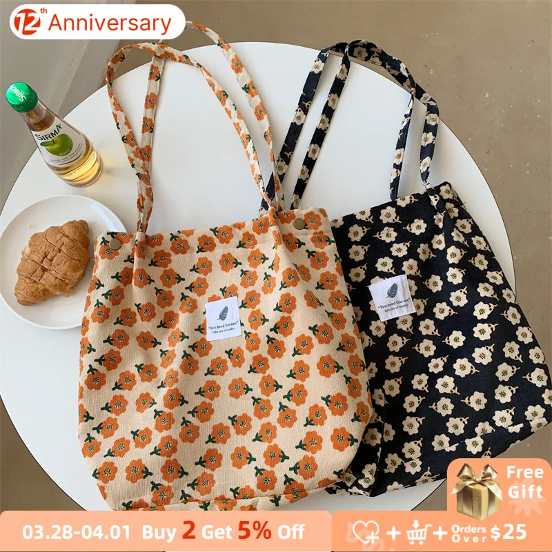 

Retro Corduroy Women's Shoulder Bag Large Capacity Student Girls Casual Tote Book Handbags Flower Leopard Female Shopping Bags